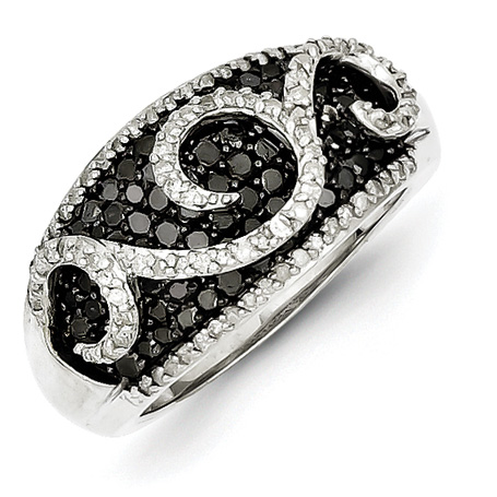1.5 Ct Sterling Silver Black and White Diamond Scroll Ring