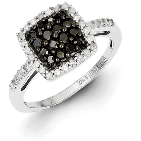 Sterling Silver 0.5 Ct Black and White Diamond Cluster Halo Ring