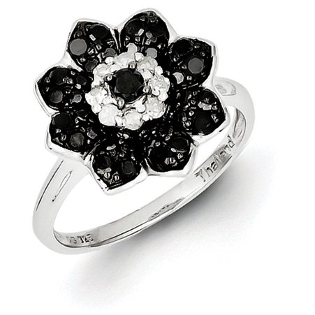 0.75 Ct Sterling Silver Black and White Diamond Flower Petal Ring