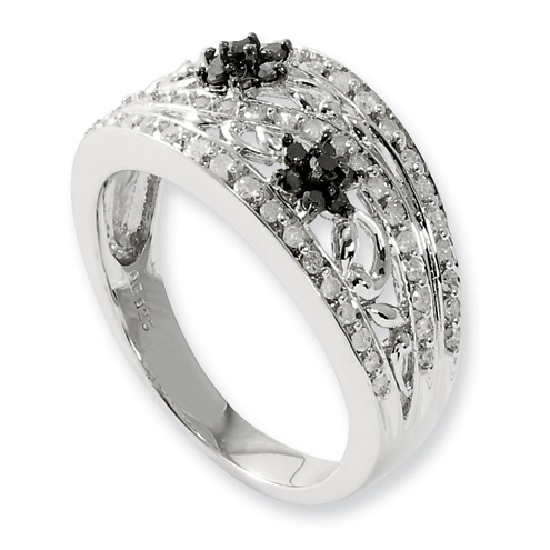 0.5 Ct Sterling Silver Black and White Diamond Ring with Flowers