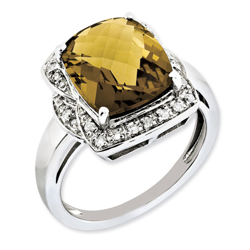 5.45 ct Sterling Silver Diamond and Whiskey Quartz Ring
