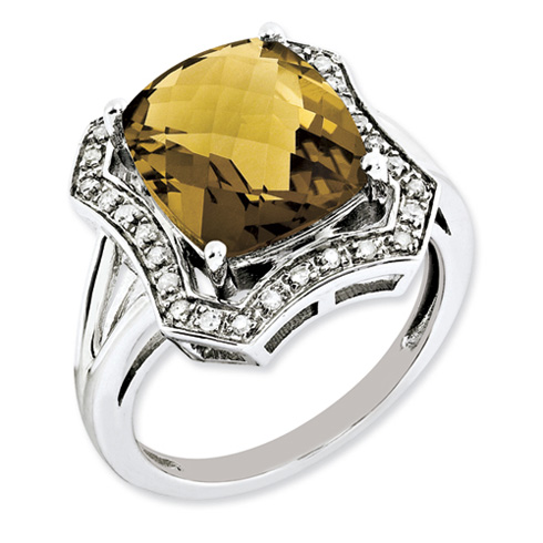 5.45 ct Sterling Silver Diamond and Whiskey Quartz Ring