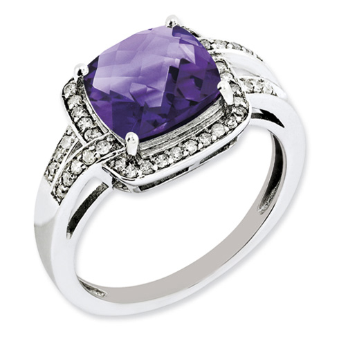 Sterling Silver 3 ct Amethyst Ring with Diamonds