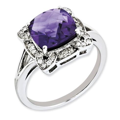 Sterling Silver 3 ct Checkerboard Amethyst Ring with Diamonds
