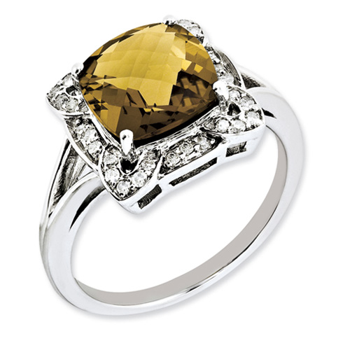3.2 ct Sterling Silver Diamond and Whiskey Quartz Ring