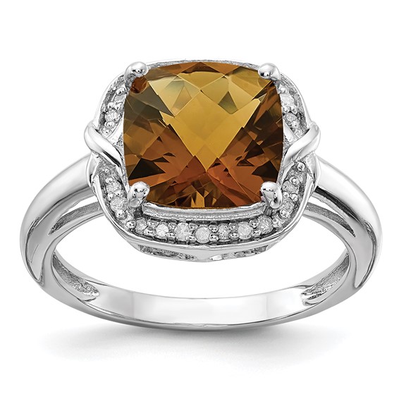 Sterling Silver 3.2 ct Cushion Whiskey Quartz Ring with Diamonds