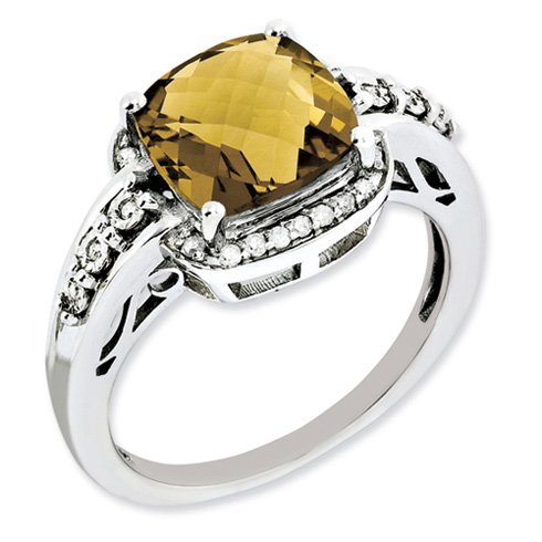 3.2 ct Sterling Silver Diamond and Whiskey Quartz Ring