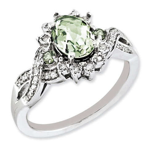 1.1 ct Sterling Silver Diamond and 3 Stone Green Quartz Ring