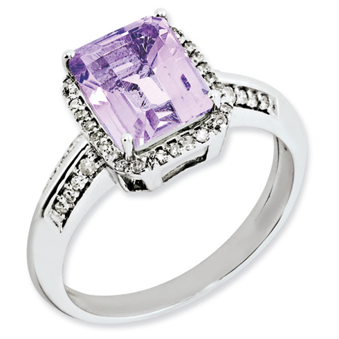 Sterling Silver 2 ct Emerald-cut Pink Quartz Ring with Diamonds