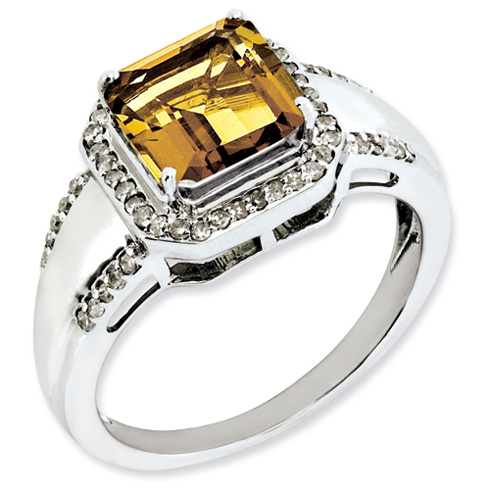 2 ct Square Whiskey Quartz Ring with Diamonds Sterling Silver