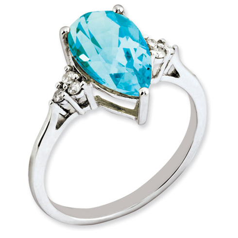 Sterling Silver 3.8 ct Pear Light Swiss Blue Topaz Ring with Diamonds