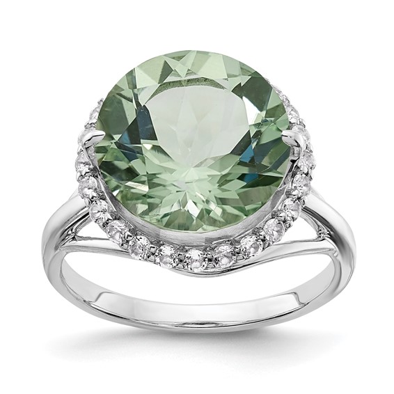 Sterling Silver 6.1 ct Green Quartz and White Topaz Halo Ring