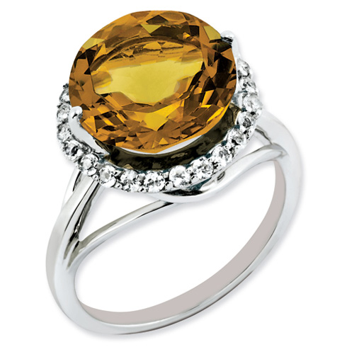 Sterling Silver 6.1 ct Whiskey Quartz Ring with White Topaz