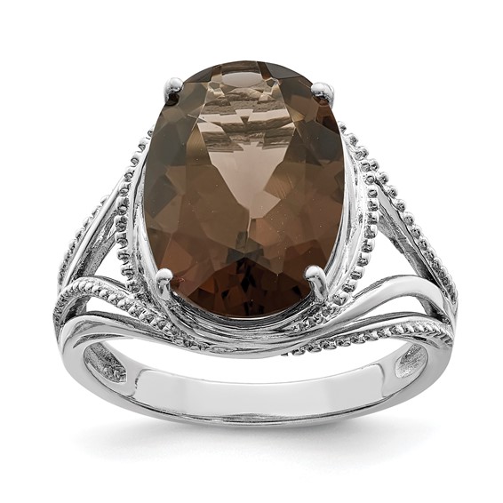 Sterling Silver 5.4 ct Oval Smoky Quartz Ring with Beaded Texture
