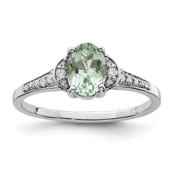 Sterling Silver 0.8 ct Oval Green Quartz and Diamond Ring