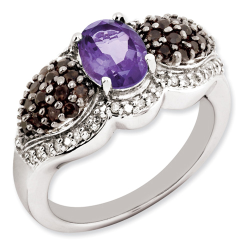 1.05 ct Sterling Silver Amethyst and Smokey Quartz and Diamond Ring