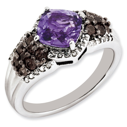 1.45 ct Sterling Silver Amethyst and Smokey Quartz and Diamond Ring