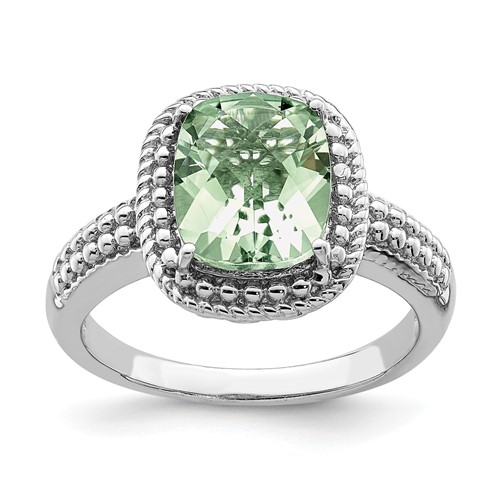 Sterling Silver 2.96 ct Green Quartz Ring with Beaded Shank