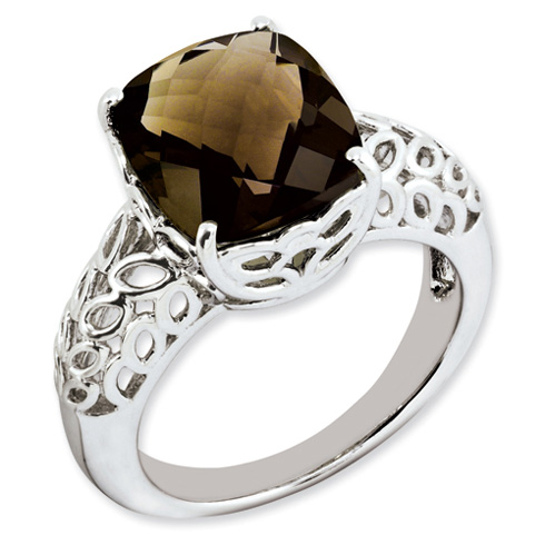 Sterling Silver 5.45 ct Smoky Quartz Ring with Fretwork Design