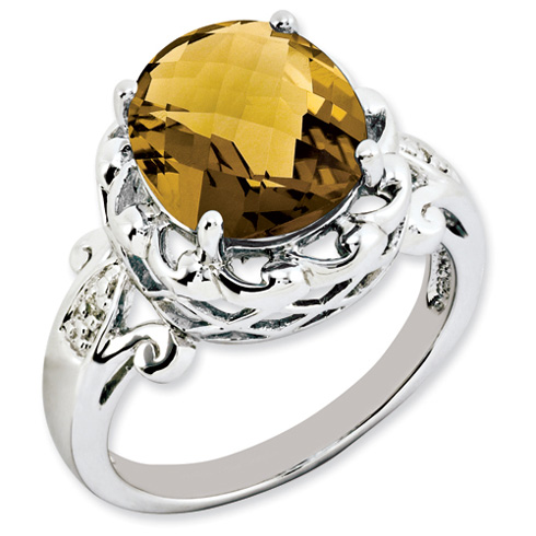 4.55 ct Sterling Silver Whiskey Quartz and Diamond Ring