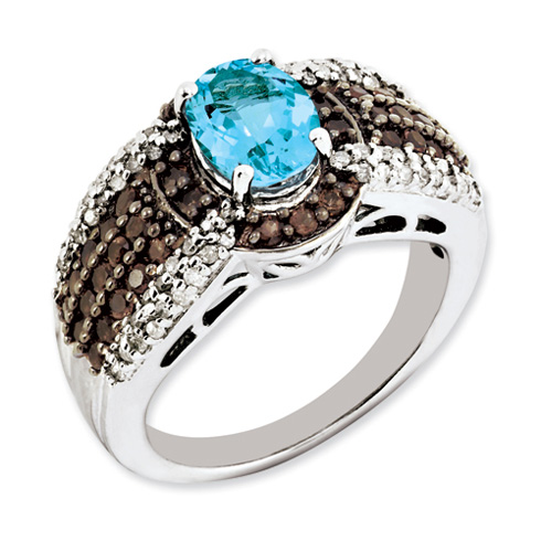 Sterling Silver 1.35 ct Light Swiss Blue Topaz Smoky Quartz Diamond Ring