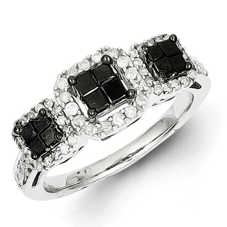 0.85 Ct Sterling Silver Black and White Diamond Ring