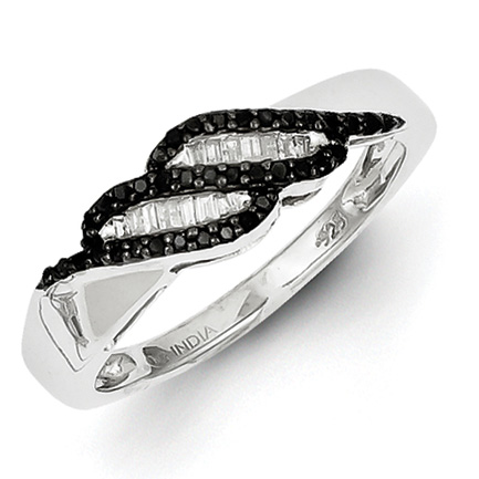 Sterling Silver 0.21 Ct Black and White Baguette Diamond Ring