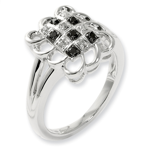 0.125 Ct Sterling Silver Black and White Diamond Square Ring