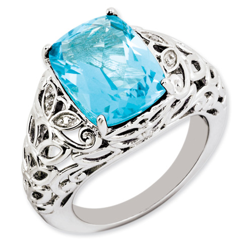 Sterling Silver 7.1 ct Light Swiss Blue Topaz Diamond Ring Leaf Design