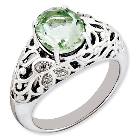 2.4 ct Sterling Silver Green Quartz and Diamond Ring