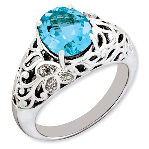 3.25 ct Sterling Silver Light Swiss Blue Topaz and Diamond Ring