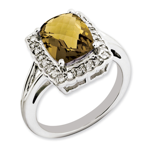 2.96 ct Sterling Silver Whiskey Quartz and Diamond Ring