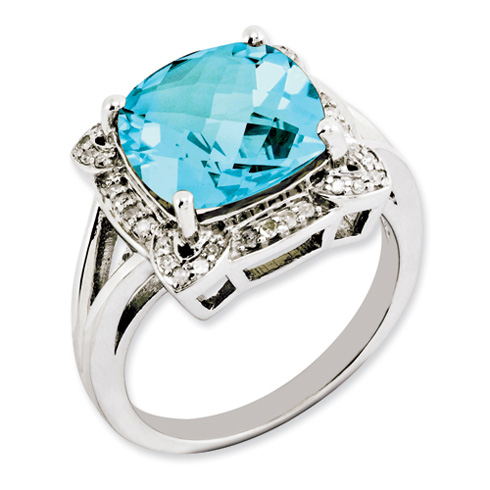 6.25 ct Sterling Silver Light Swiss Blue Topaz and Diamond Ring