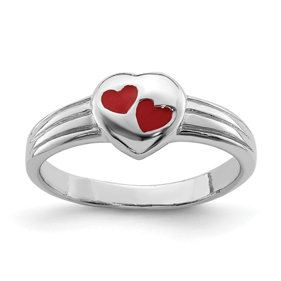 Rhodium-plated Sterling Silver Child's Red Enameled Heart Ring