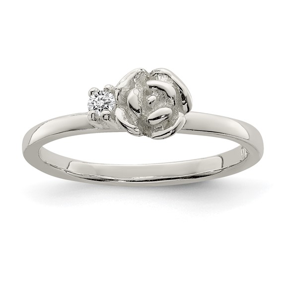 Sterling Silver Rose Flower Kid's Ring with CZ