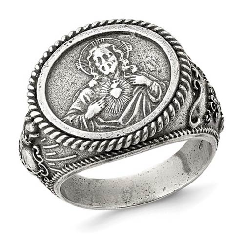 Sterling Silver Men's Antiqued Sacred Heart of Jesus Ring