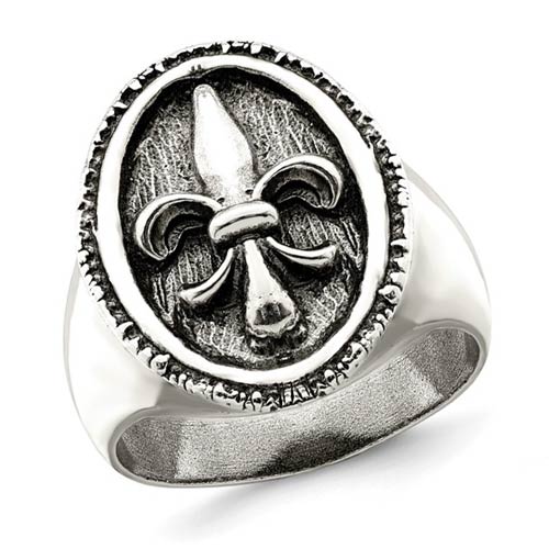 Sterling Silver Men's Fleur de Lis Ring with Antiqued Finish