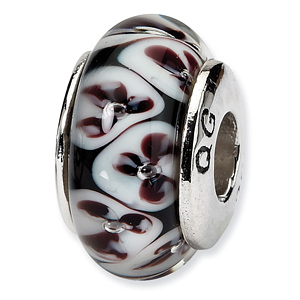 Sterling Silver Reflections Black Dark Red Floral Hand-blown Glass Bead