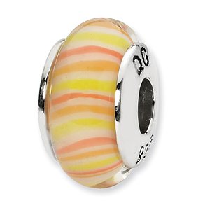 Sterling Silver Reflections Yellow Red Striped Hand-blown Glass Bead