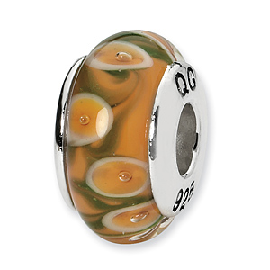 Sterling Silver Reflections Orange Green Hand-blown Glass Bead