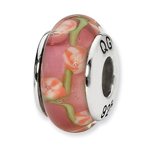 Sterling Silver Reflections Pink Green Orange Hand-blown Glass Bead