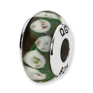 Sterling Silver Green Purple Floral Hand-blown Glass Bead