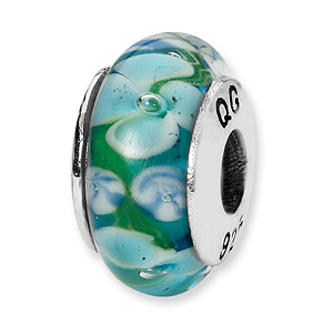 Sterling Silver Reflections Bluish White Floral Hand-blown Glass Bead