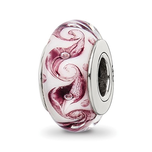 Sterling Silver Reflections White Mauve Swirl Hand-blown Glass Bead