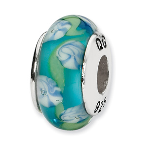 Sterling Silver Reflections Blue Floral Pond Hand-blown Glass Bead