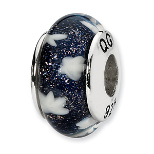 Sterling Silver Reflections Blue White Stars Hand-blown Glass Bead