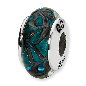 Sterling Silver Reflections Blue Green Streaked Hand-blown Glass Bead