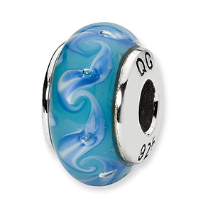 Sterling Silver Reflections Blue White Swirl Hand-blown Glass Bead