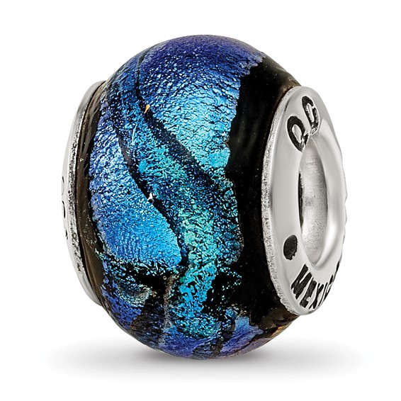 Sterling Silver Blue Dichroic Glass Bead with Black Ripples