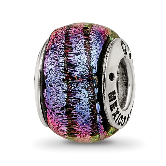 Sterling Silver Orange and Purple Wave Dichroic Glass Bead